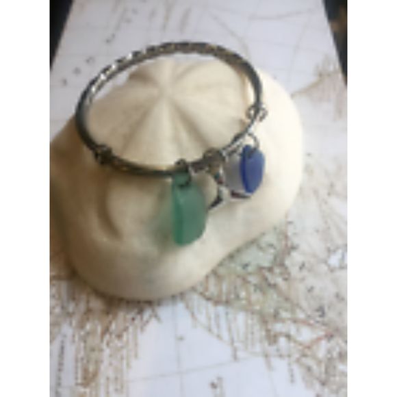 Cobalt Blue & Teal Sea Glass Bangle with Whale Tail - Picture 6 of 6